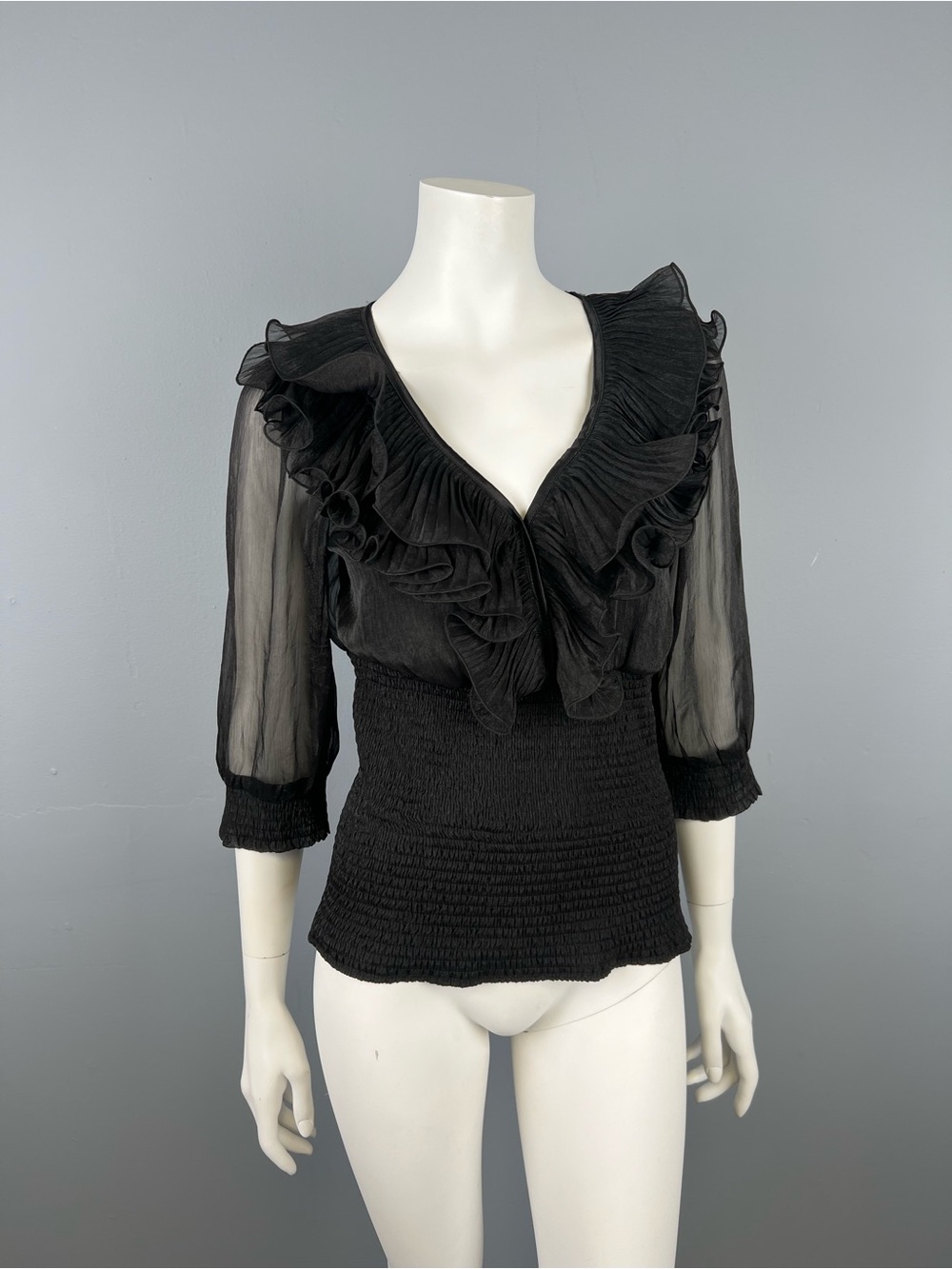 Black Ruffle V-Neck Smocked-Waist Blouse